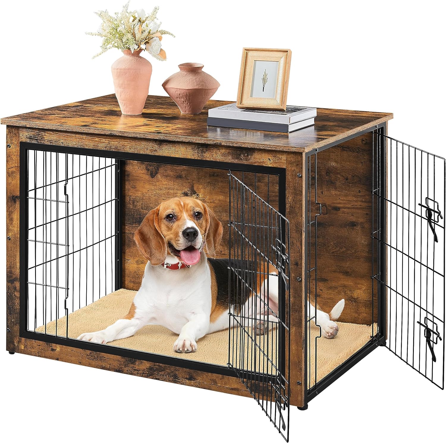 Elegant Rustic Wood & Iron Dog Crate Furniture