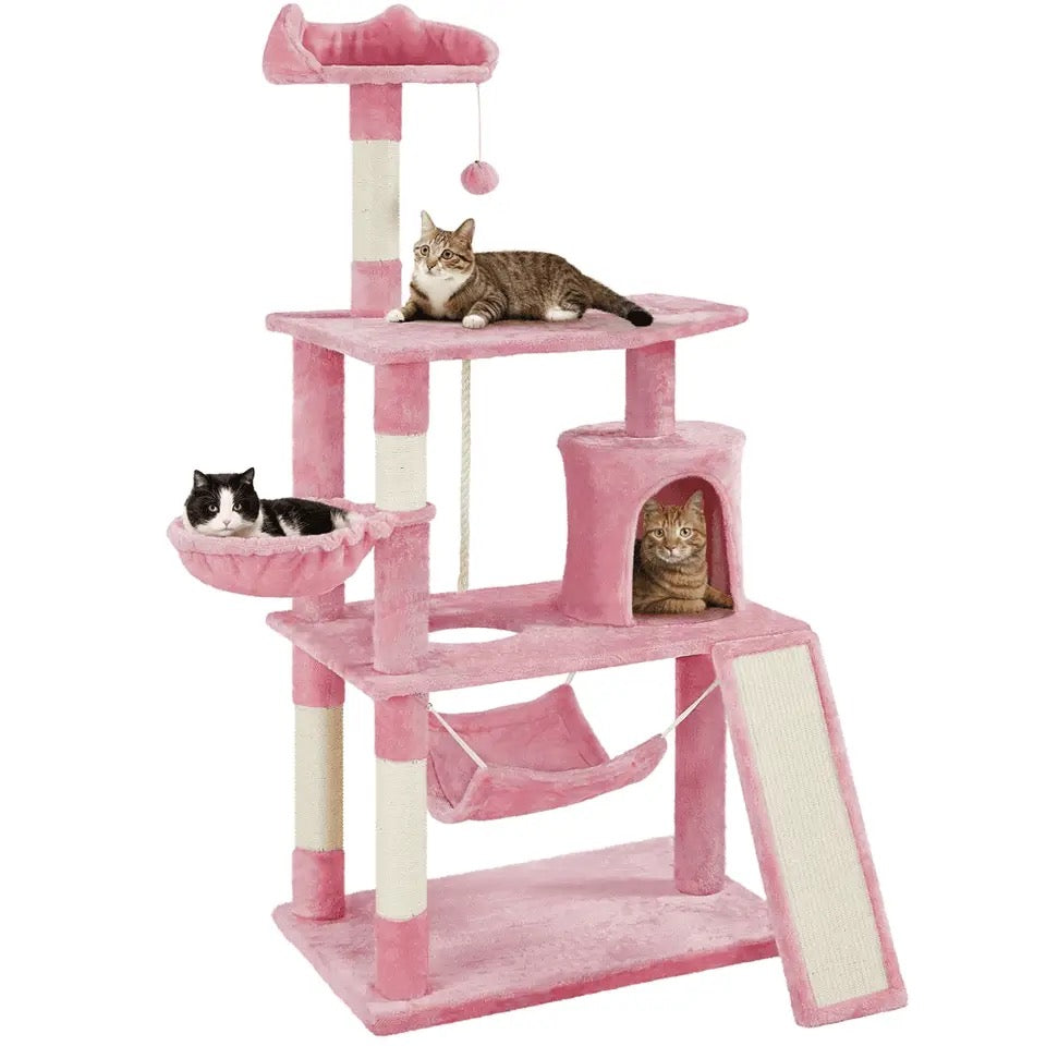 Pretty in Pink Multi Level Cat Tree Condo with Basket, Hammock & Scratching Post