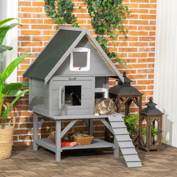 Outdoor Cat House with Terrace, 3-Story Cat House with Weather Resistant Roof