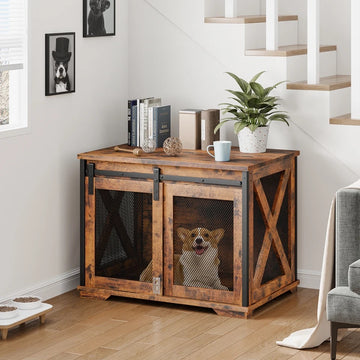 Sliding Barn Door Dog Furniture with Flip Top and Movable Divider