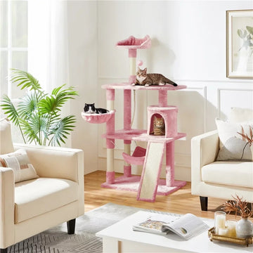 Pretty in Pink Multi Level Cat Tree Condo with Basket, Hammock & Scratching Post