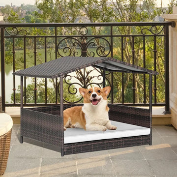 Petway Wicker Pet Cabana Dog House w/ Cushion Lounge Raised Rattan Bed