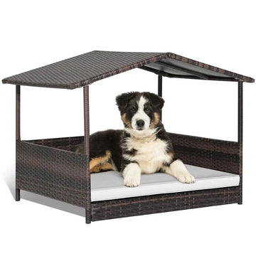 Petway Wicker Pet Cabana Dog House w/ Cushion Lounge Raised Rattan Bed