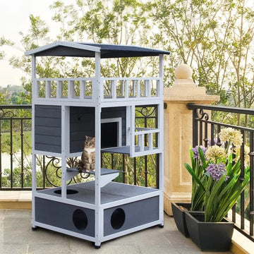 4-Floor Solid Wood Cat House with Condo Villa